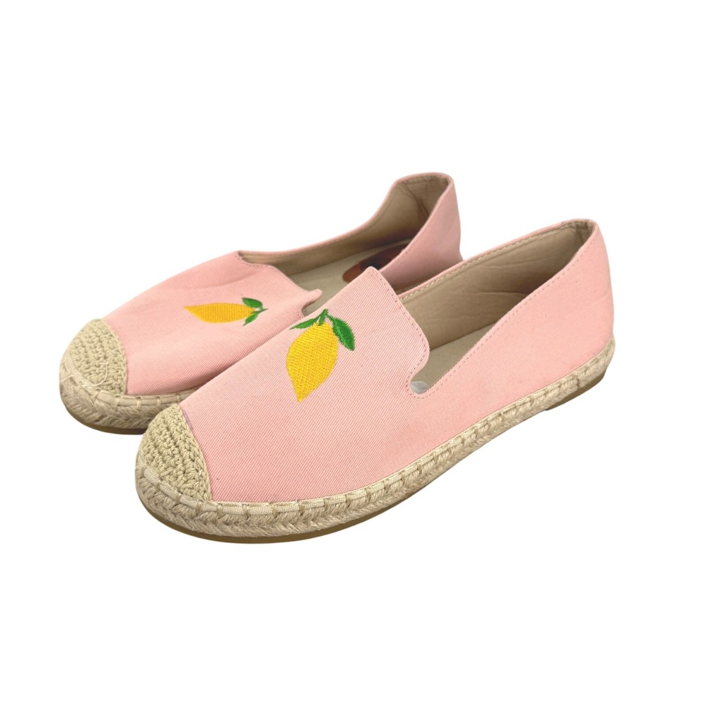 Top Moda Pink Lemon Embroidered Canvas Espadrille Flats 8 W Fruit Resortwear